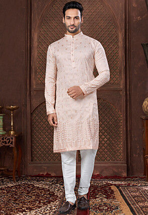 Embroidered Art Silk Kurta Set in Peach