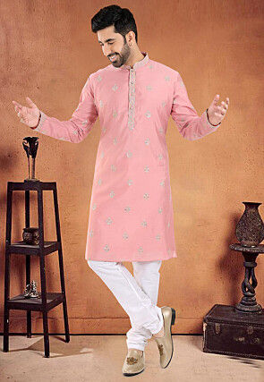 Embroidered Art Silk Kurta Set in Peach