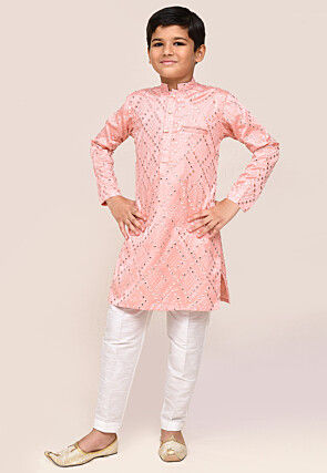 Embroidered Art Silk Kurta Set in Peach