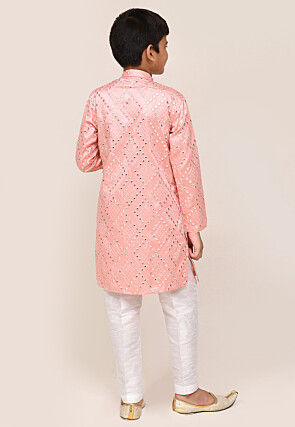 Embroidered Art Silk Kurta Set in Peach