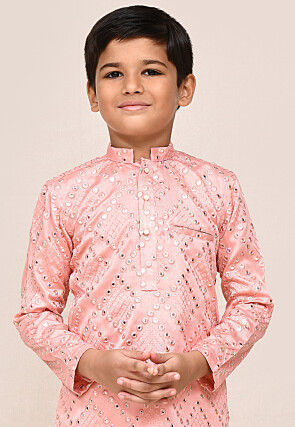 Embroidered Art Silk Kurta Set in Peach