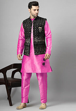 Embroidered Art Silk Kurta Set in Pink and Black