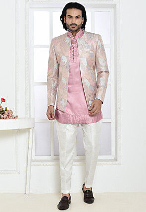 Embroidered Art Silk Kurta Set in Pink and Multicolor