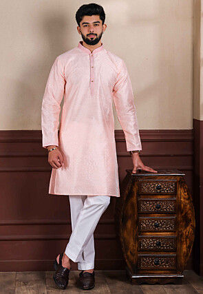 Embroidered Art Silk Kurta Set in Pink