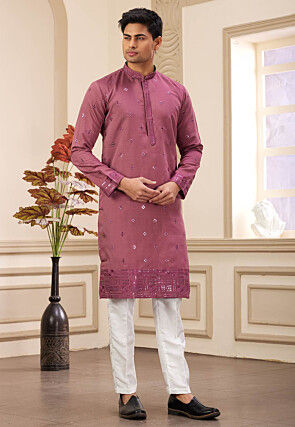 Embroidered Art Silk Kurta Set in Pink