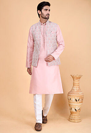 Embroidered Art Silk Kurta Set in Pink