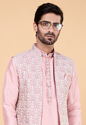 Embroidered Art Silk Kurta Set in Pink