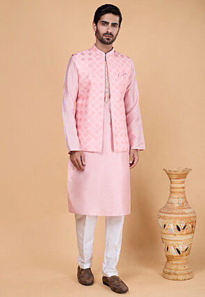 Embroidered Art Silk Kurta Set in Pink