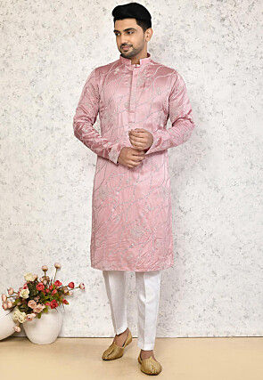 Embroidered Art Silk Kurta Set in Pink