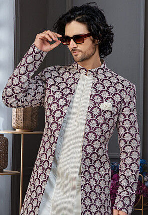 Embroidered Art Silk Kurta Set in Purple and Off White