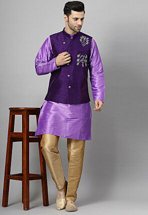 Embroidered Art Silk Kurta Set in Purple and Violet
