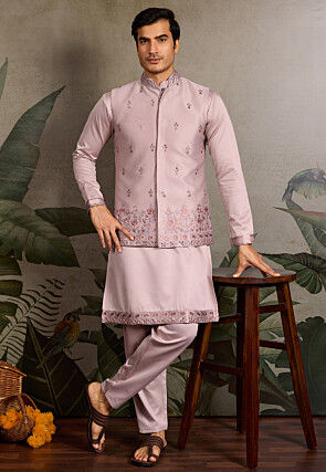 Embroidered Art Silk Kurta Set in Purple