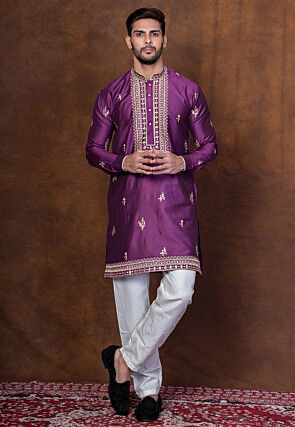 Embroidered Art Silk Kurta Set in Purple
