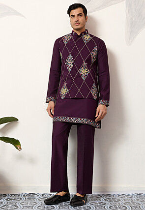 Embroidered Art Silk Kurta Set in Purple