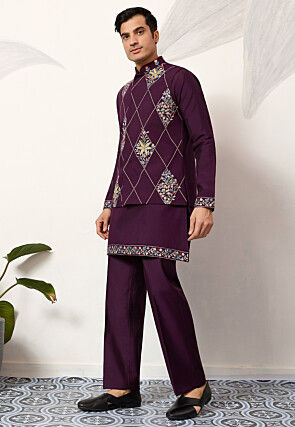 Embroidered Art Silk Kurta Set in Purple