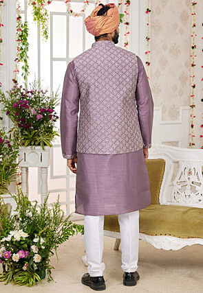 Embroidered Art Silk Kurta Set in Purple