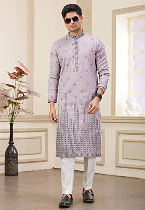 Embroidered Art Silk Kurta Set in Purple
