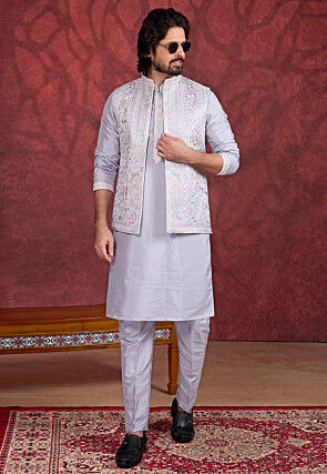 Embroidered Art Silk Kurta Set in Purple
