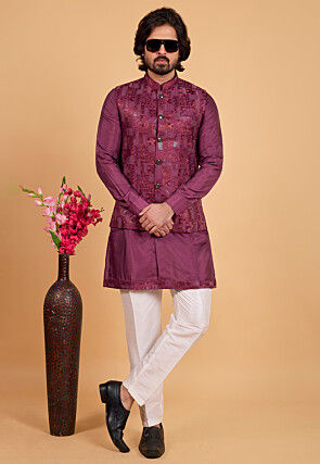 Embroidered Art Silk Kurta Set in Purple