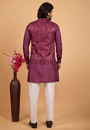 Embroidered Art Silk Kurta Set in Purple