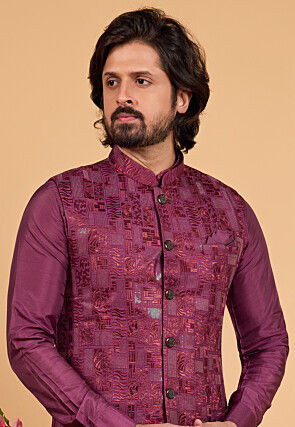 Embroidered Art Silk Kurta Set in Purple