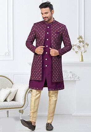 Embroidered Art Silk Kurta Set in Purple