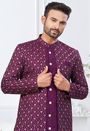 Embroidered Art Silk Kurta Set in Purple