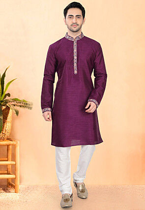 Embroidered Art Silk Kurta Set in Purple
