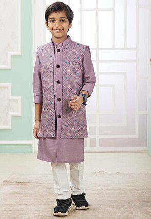 Embroidered Art Silk Kurta Set in Purple