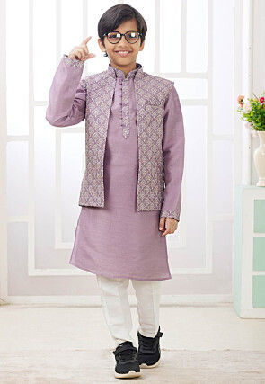Embroidered Art Silk Kurta Set in Purple