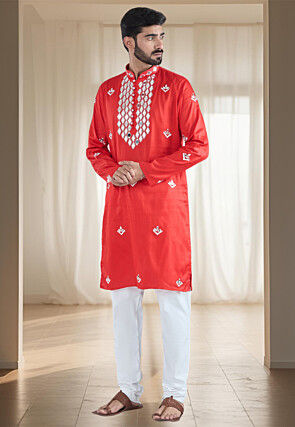 Embroidered Art Silk Kurta Set in Red