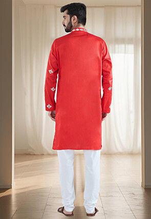 Embroidered Art Silk Kurta Set in Red