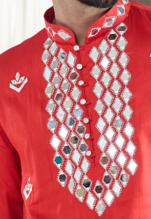 Embroidered Art Silk Kurta Set in Red