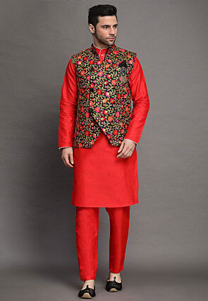 Embroidered Art Silk Kurta Jacket Set in Red and Black
