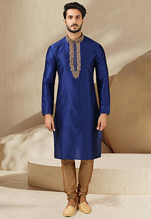 Embroidered Art Silk Kurta in Royal Blue