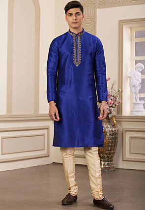 Embroidered Art Silk Kurta Set in Royal Blue