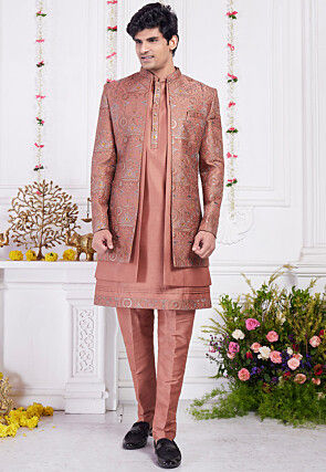Embroidered Art Silk Kurta Set in Rust