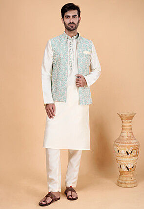 Embroidered Art Silk Kurta Set in Sea Green and Off White