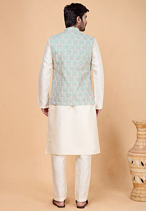 Embroidered Art Silk Kurta Set in Sea Green and Off White