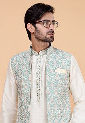 Embroidered Art Silk Kurta Set in Sea Green and Off White
