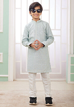 Embroidered Art Silk Kurta Set in Sea Green