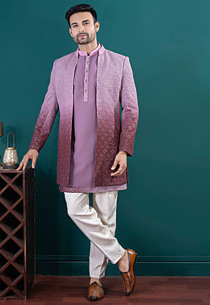 Embroidered Art Silk Kurta Set in Shaded Purple