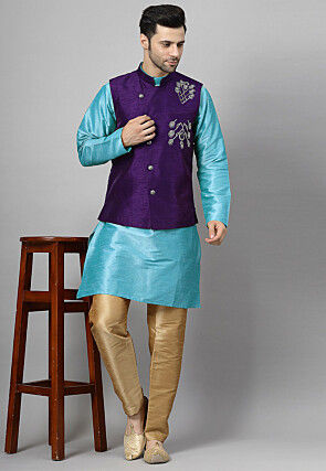 Embroidered Art Silk Kurta Set in Sky Blue and Violet