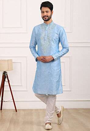 Embroidered Art Silk Kurta Set in Sky Blue