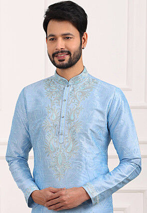 Embroidered Art Silk Kurta Set in Sky Blue