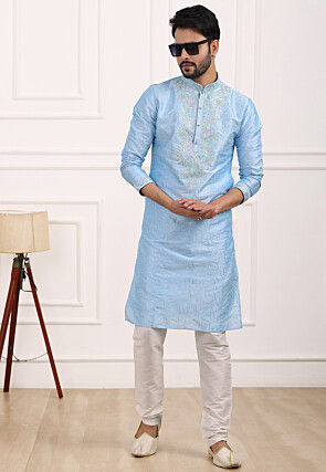 Embroidered Art Silk Kurta Set in Sky Blue