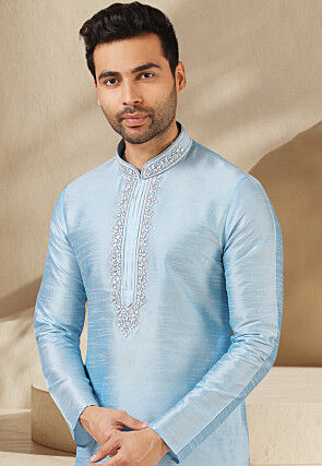 Embroidered Art Silk Kurta Set in Sky Blue
