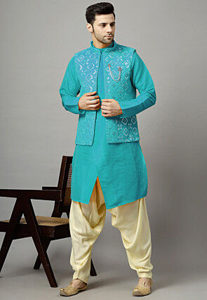 Embroidered Art Silk Kurta Set in Sky Blue