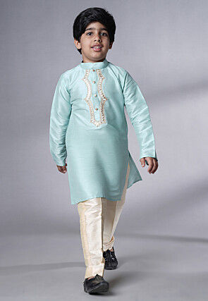 Embroidered Art Silk Kurta Set in Sky Blue