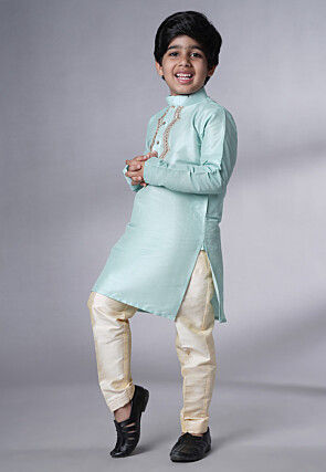 Embroidered Art Silk Kurta Set in Sky Blue